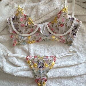 Sheer Floral Embroidered Lingerie Set - White with Multicolor Flowers